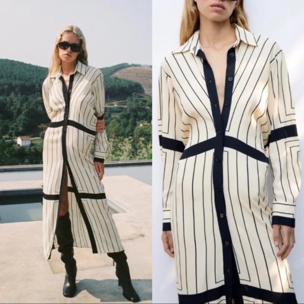 Zara Long Midi Dress with Black and White Stripes and Button Up Front